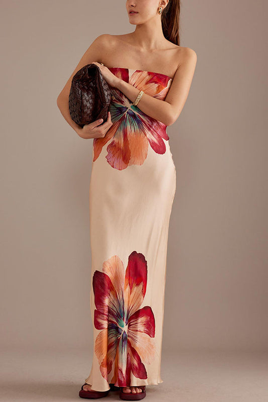 Charming ladies strapless waist cinching satin printed lace up loose long dress