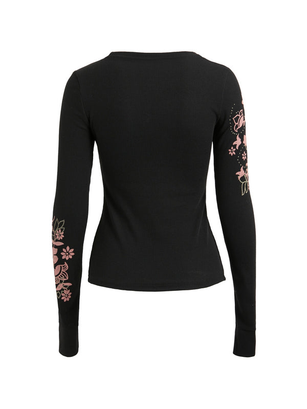 Floral Print Ribbed Slim Long Sleeve Knit