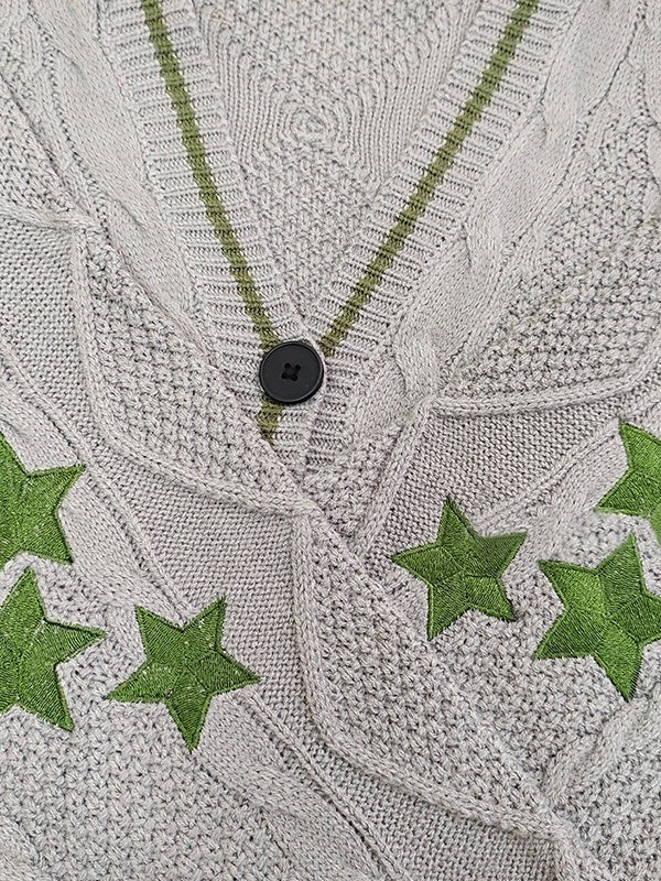 Oversize Star Embroidered Cable Knit Cardigan
