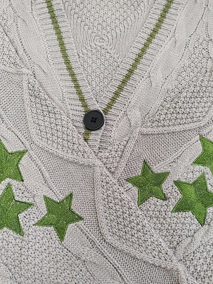Oversize Star Embroidered Cable Knit Cardigan