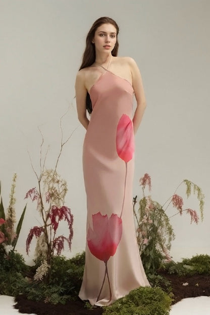 Floral Print Halter Backless High Waist Maxi Dress