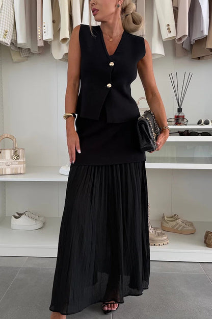 Stylish and Elegant Knit Spliced Tulle Elastic Waist Pleated Maxi Skirt