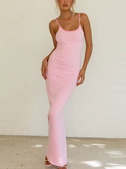 Retro Plaid Pink Suspender Slim Knitted Maxi Dress