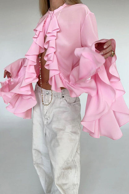 Elegant Ruffle Trim Button Blouse