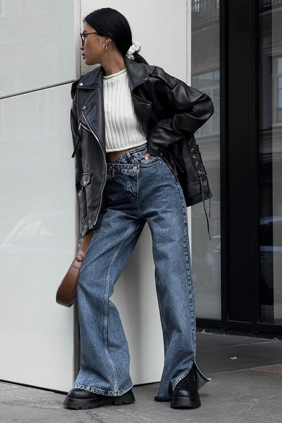 High Waist Asymmetrical Waist Split Straight Jeans