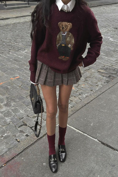 Retro Bear Embroidered Slim Knit Sweater