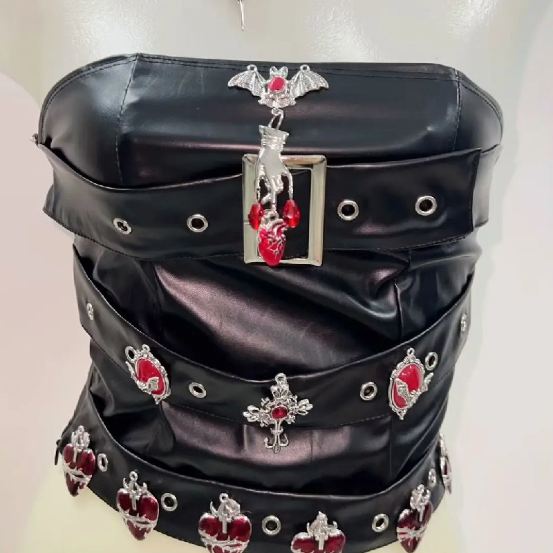 PU leather buckle bat applique tube top  | Festival Outfits Women