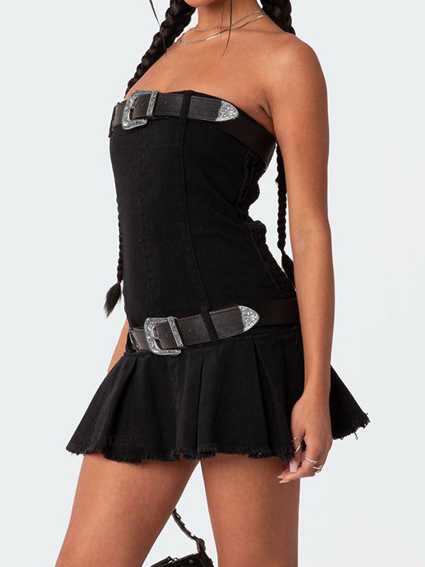 Denim Bandeau Pleat Belt Mini Skirt