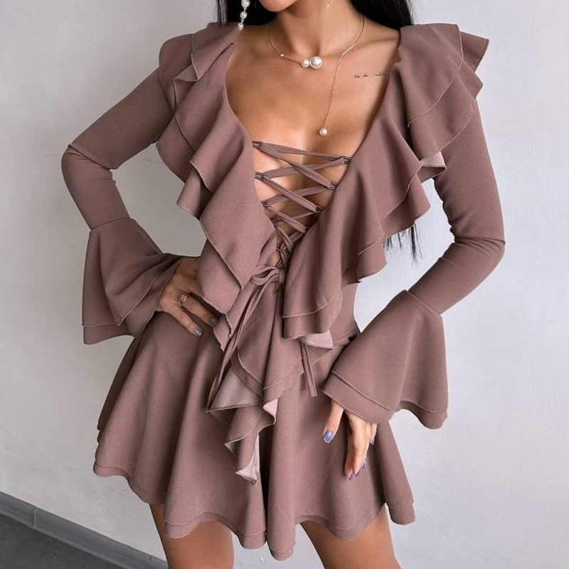 Long flared sleeve ruffle lace up solid mini dress  | Festival Outfits Women