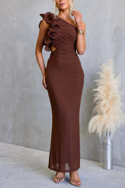 Fashionable Mesh Sleeveless One-shoulder Waist-revealing Maxi Dress