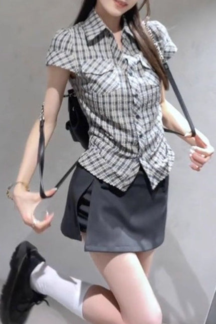 Slim Fit Plaid Short Sleeve Blouse