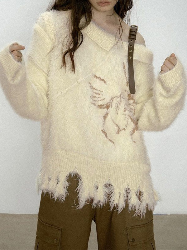Plush Slanted Shoulder Belted Strap Tattered Hem Sweater