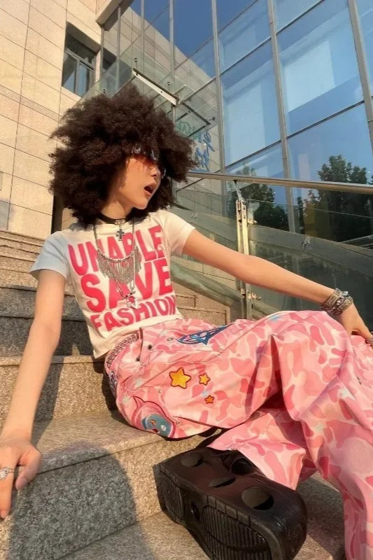 Pink Camouflage Anime Embroidery Pants