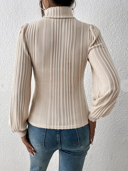 Elegante jersey de cuello alto acanalado beige para mujer | Ideal para otoño/invierno