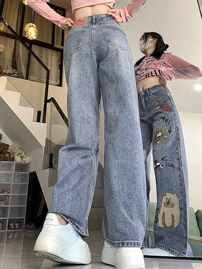 Animal Graffiti Print High Rise Boyrfriend Jeans
