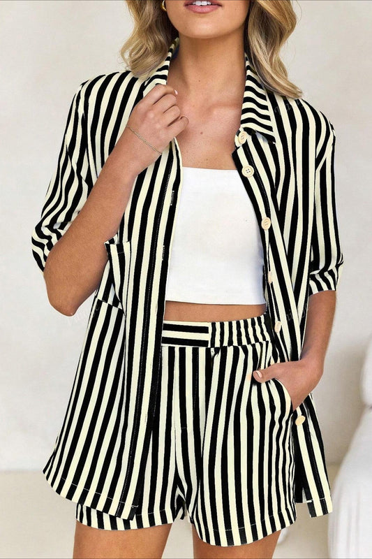 Button Down Striped Short Sleeve Blouse Shorts Set