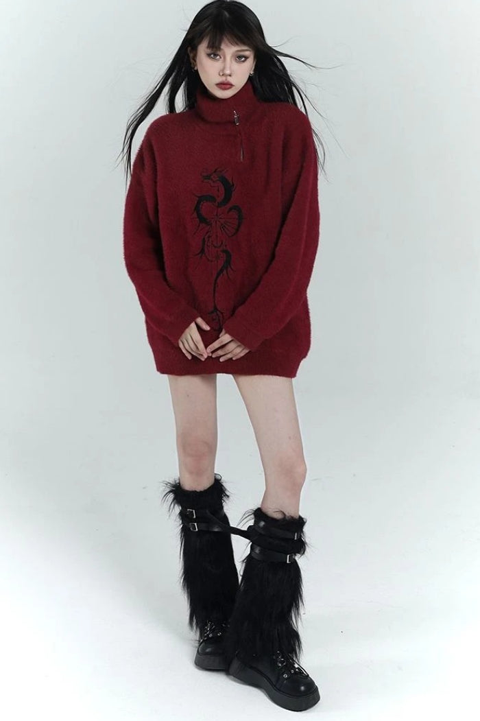 Y2K Grunge Red Zipper Print Oversized Streetwear Sweater