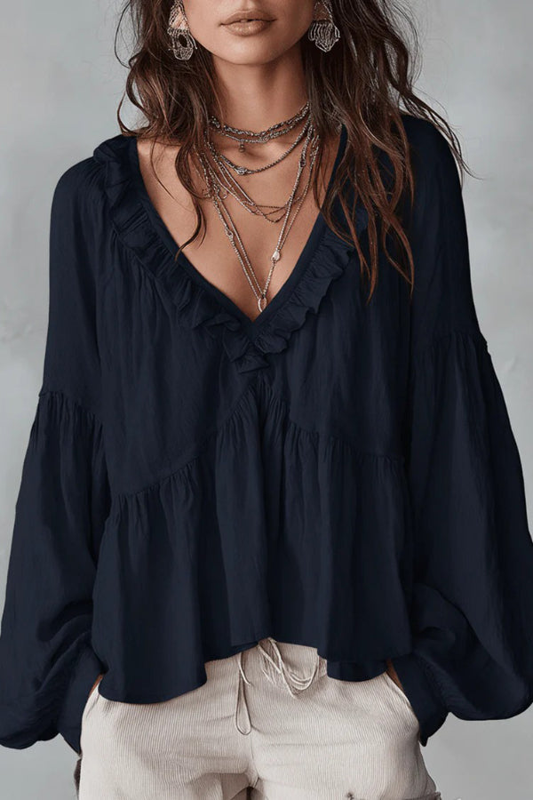 Solid Color V-neck Ruffled Puff Sleeve Loose Casual Top