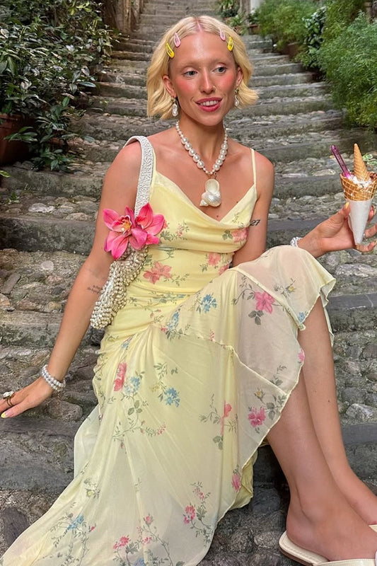 Draped Neck Floral Mesh Midi Dress