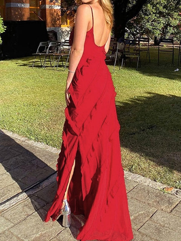 Halter Backless Slit Ruffles Maxi Dress