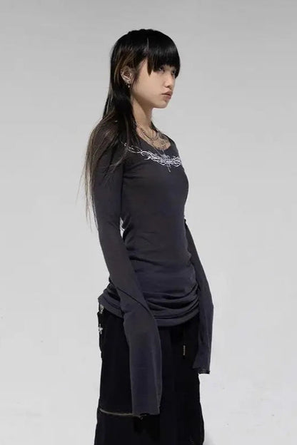 Gothic Graphic Slim Long-sleeve Y2k Knit Top