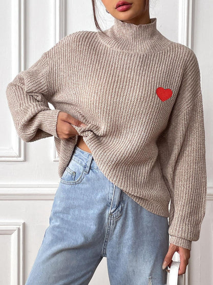 Elegante jersey de cuello alto de punto para mujer con corazón bordado | Ideal para otoño/invierno
