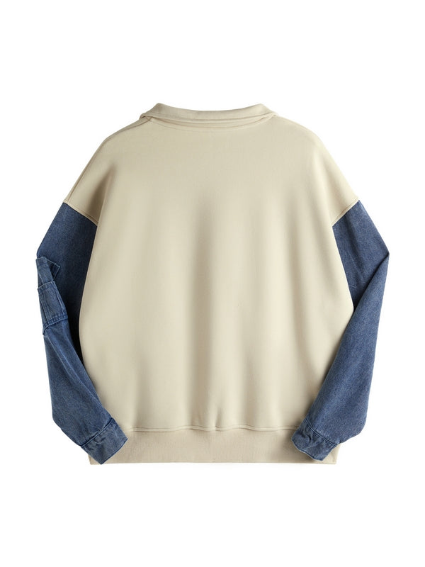 Denim Splice Letter Print Lapel Neck Oversized Hoodie