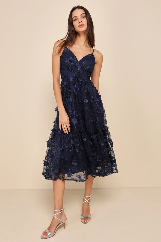 Springtime Soiree Navy Black Sequin 3D Floral Applique Midi Dress