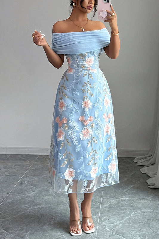 Elegant Ruched Off-Shoulder Floral Appliqué Midi Dress