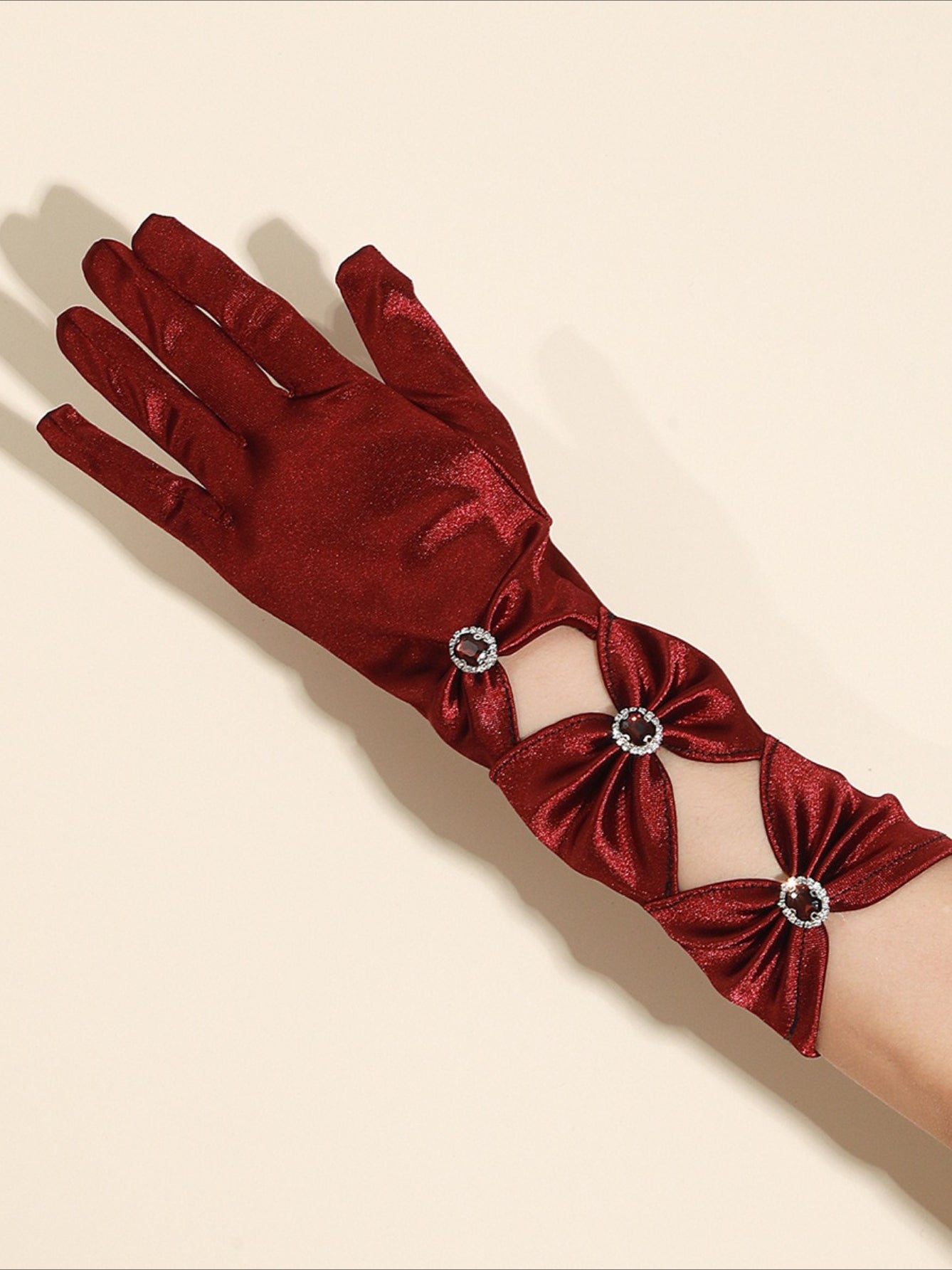 Gothic Black Rhinestone Mid-length Satin Formal Gloves