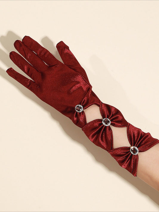 Gothic Black Rhinestone Mid-length Satin Formal Gloves