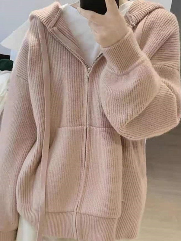 Solid Hooded Zip Up Knit Cardigan