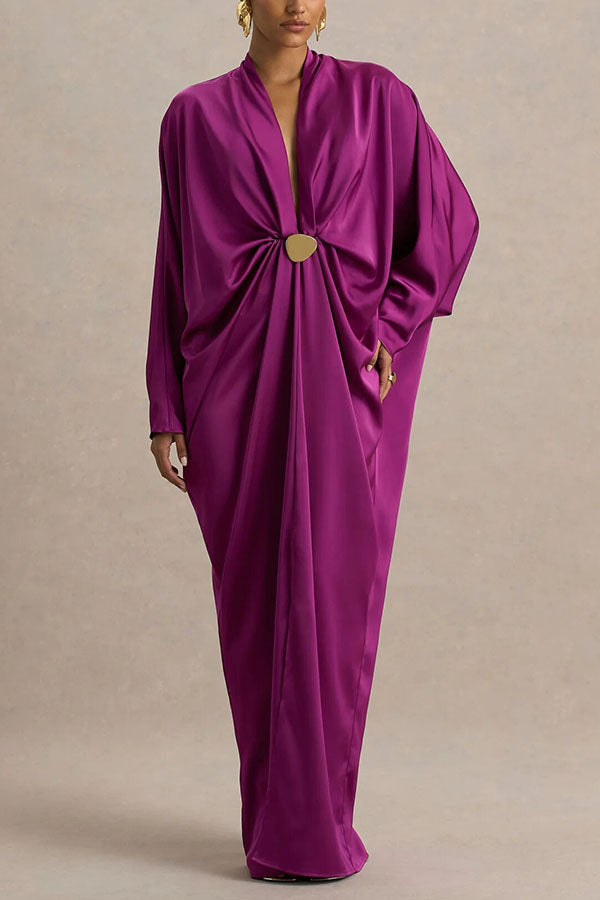 Tina Satin Plunge V-neck Gold Trim Detail Long Batwing Sleeve Maxi Dress