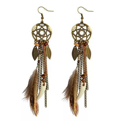 Boho Vintage Colorful Feather Tassel Dangle Drop Earrings