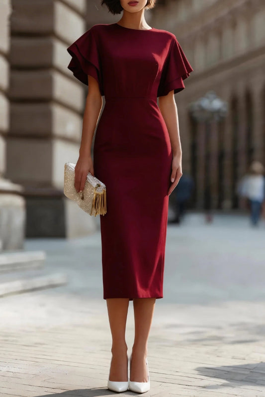Solid Color Round Neck Ruffle Sleeve Elegant Slim-fit Midi Dress