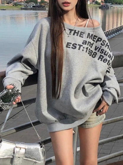Letter Printed Off Shoulder Loose Sweatshirt