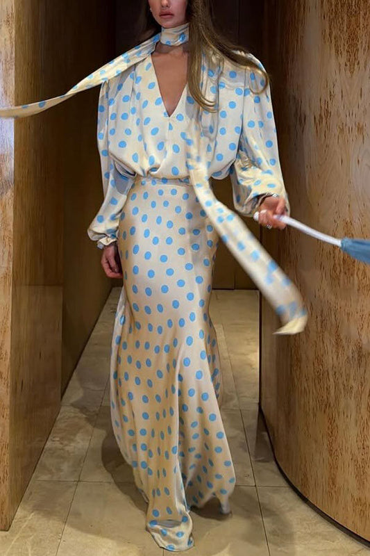 Vayla Satin Colorblock Polka Dot Print Tie-up Neck Balloon Sleeve Loose Blouse