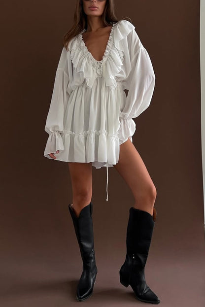 Solid Color V-neck Ruffled Ruched Long-sleeved Vacation Mini Dress