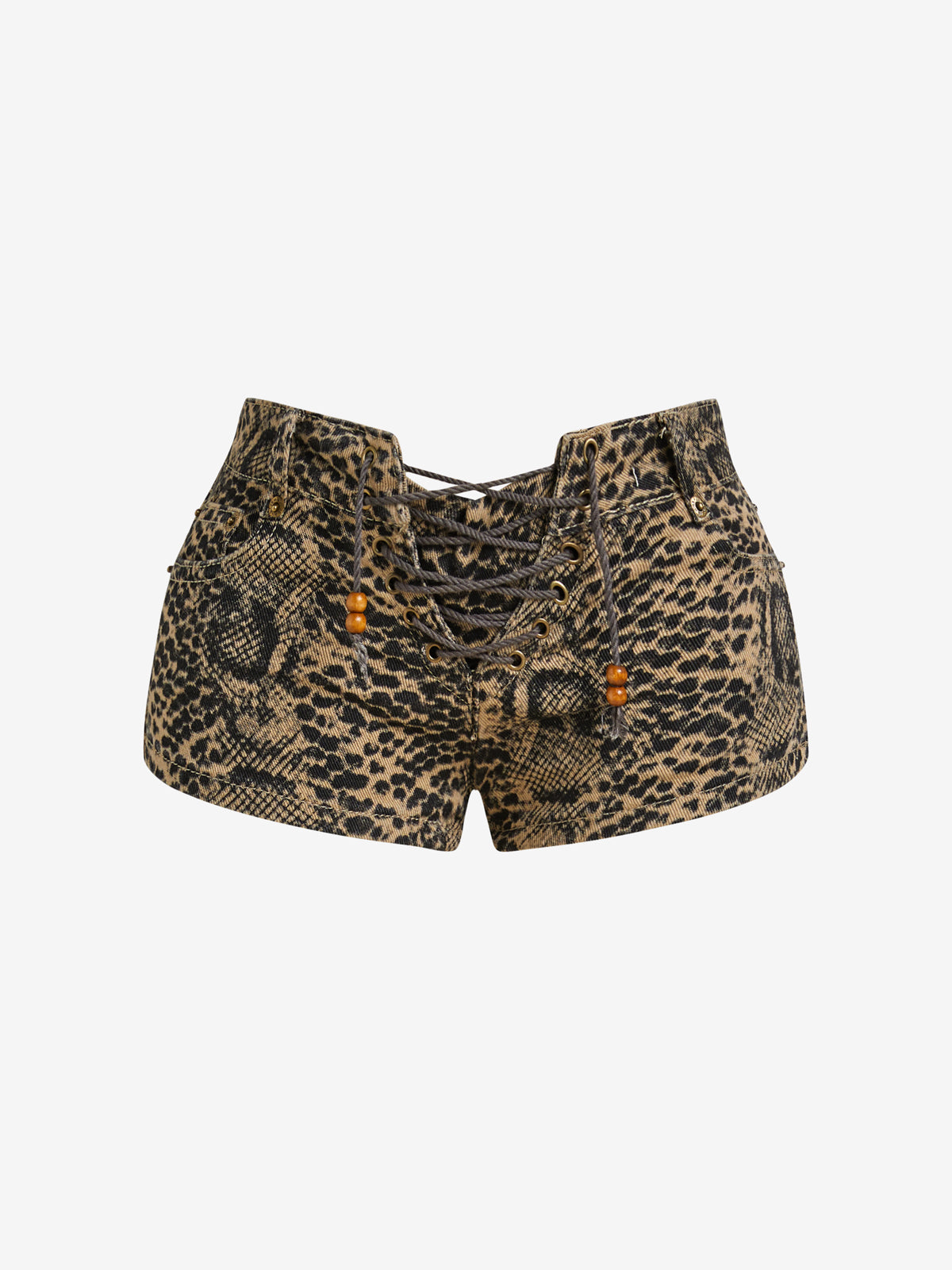 Washed Leopard Print Straps Denim Shorts