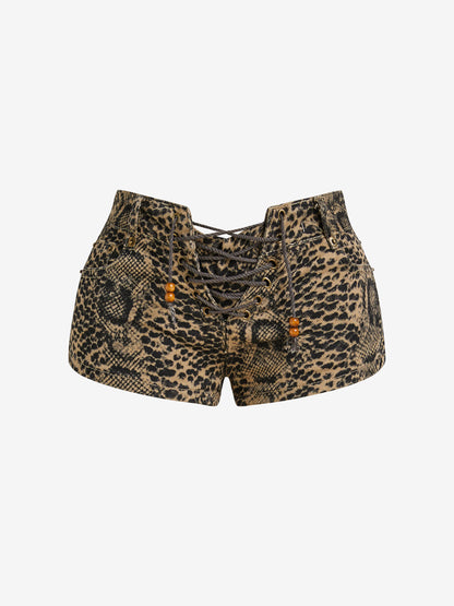 Washed Leopard Print Straps Denim Shorts