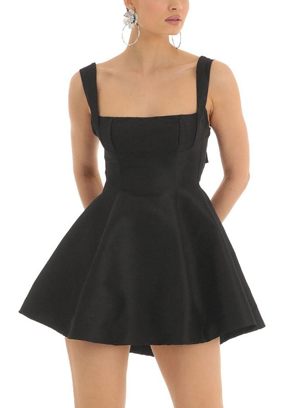 Solid Backless Bow Mini Dress