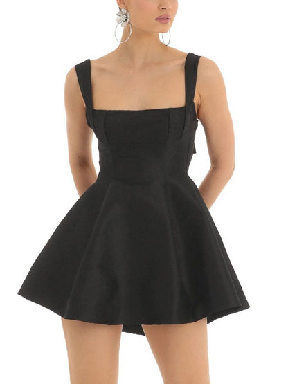 Solid Backless Bow Mini Dress
