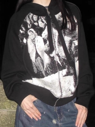 Black White Retro Zip Up Loose Hoodie