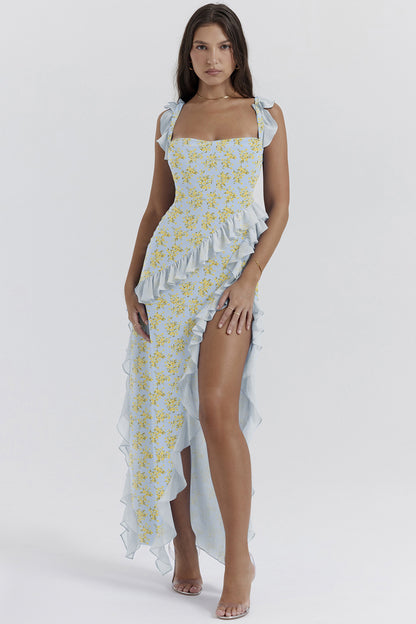 cherry ruffle maxi dress-blue flower