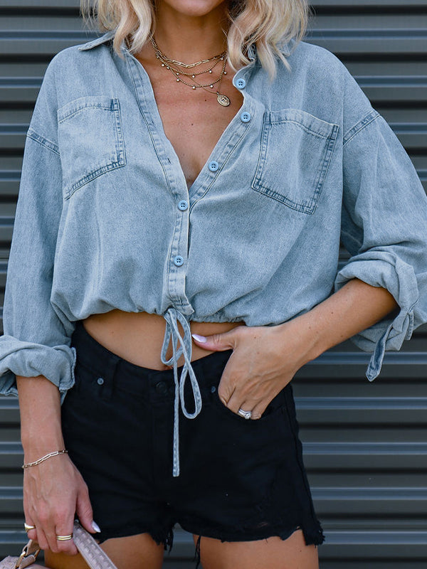 Vintage Dual Pocket Drawstring Denim Blouses&Shirts