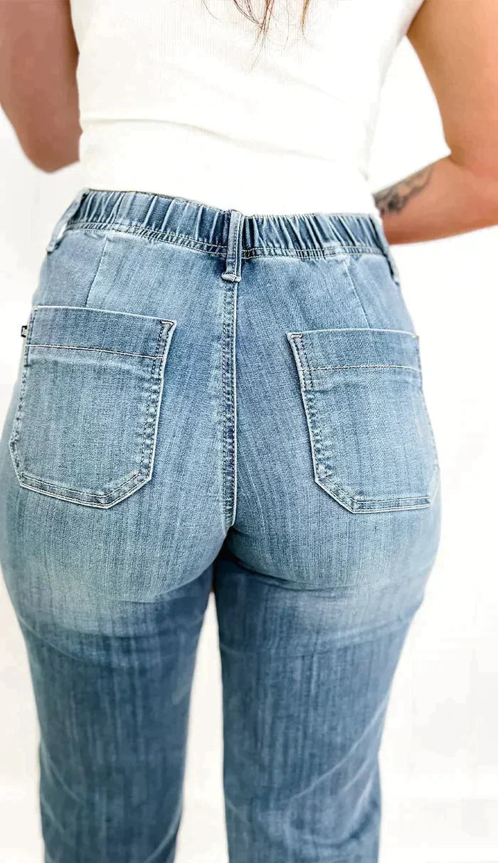 Pantalones deportivos vaqueros elásticos de cintura alta con cordón para mujer | Ideales para cualquier temporada