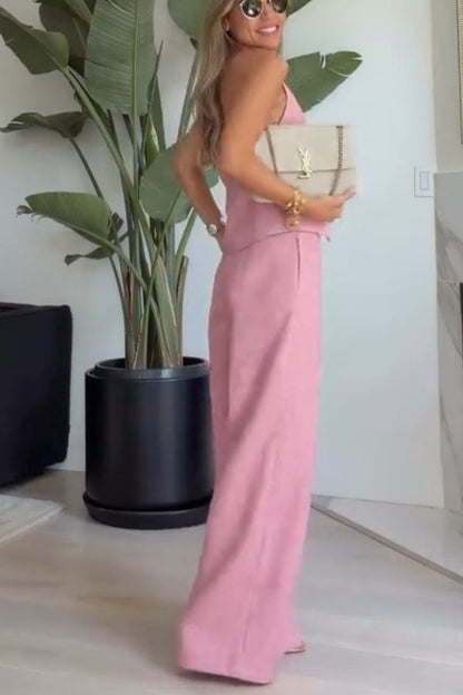 City Outfit Linen Blend Metal Button Halter Vest and Pocket Wide Leg Pants Set