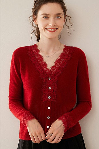Cashmere Lace-Trimmed V-Neck Knit Cardigan