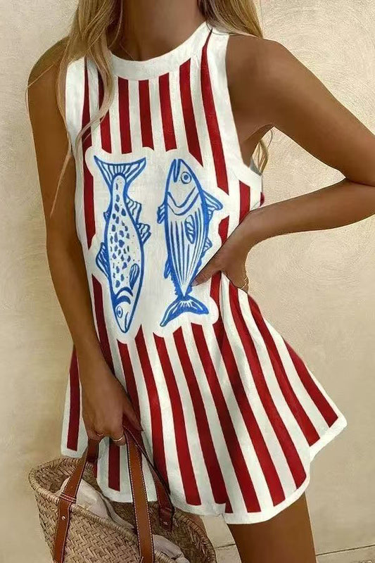 Striped Print Sleeveless Resort Mini Dress