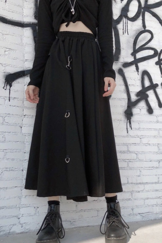 Dark Japanese Street Buckle Midi A-Line Skirt